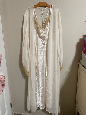Sheer Cream Long Robe with Gold Lace Trim - Women's Intimate